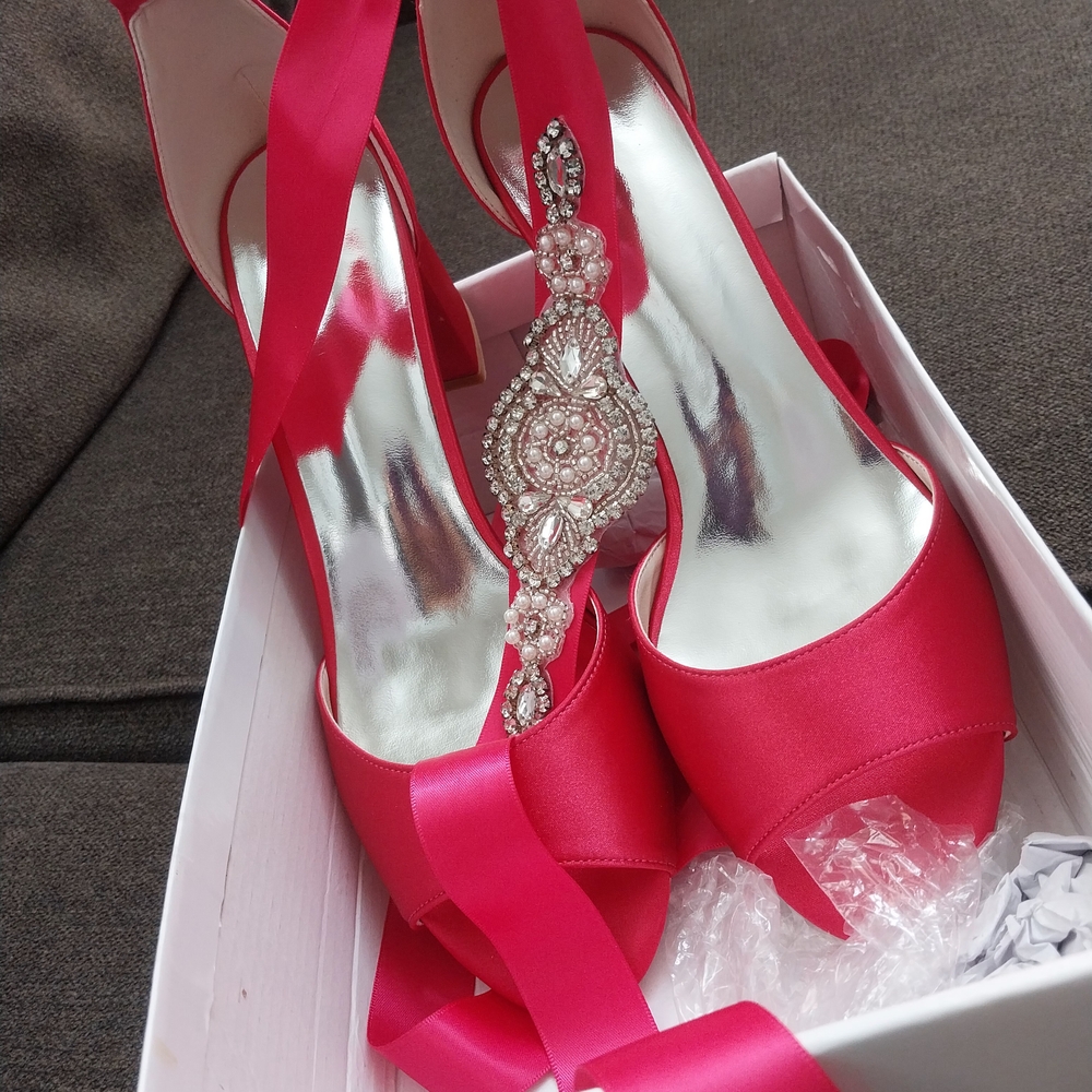 Amazon Fuchsia Satin Heels with Crystal Detail